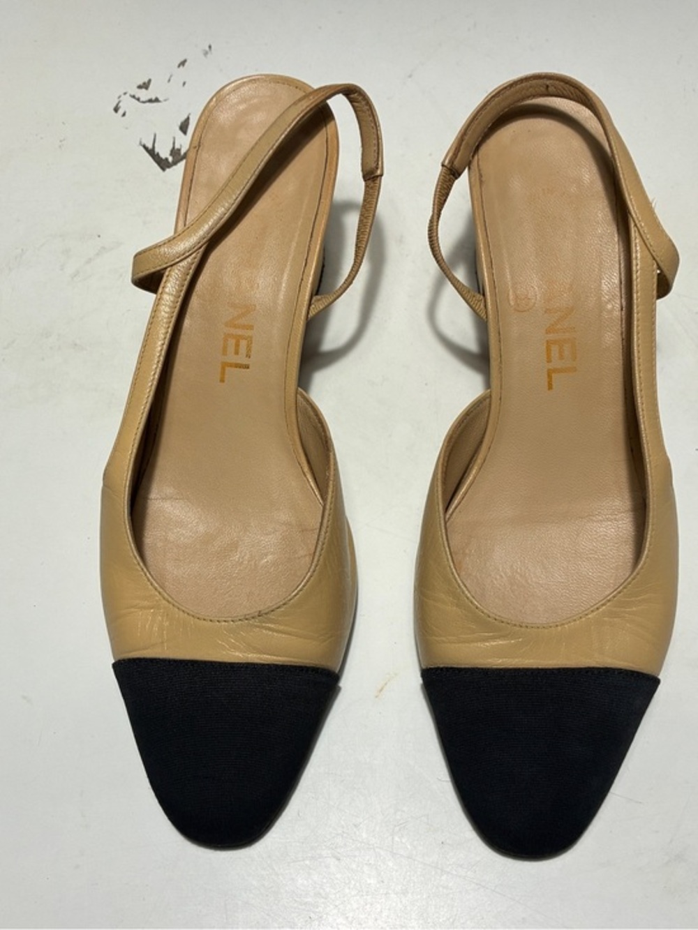 CHANEL Beige Leather Slingback Pumps with Black Cap Toe